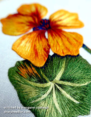 Detail of Needlepainted Nasturtium and Leaf Thread painted embroidered nasturtiums detail. (Catherine Laurencon Capucines (Inspirations))