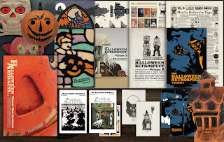 A photo of the cover art and various free inserts that come with THR, Volumes 1,2,3,4 and Halloween Artifacts, Volume 1. There are five books as of March 2025 for sale from THR's etsy book shop. Collect them all!
