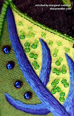 Shaded para (Japanese Bead Embroidery) Green bead filling on Wild Child leaf using two different shades of green. (Wild Child Japanese Bead Embroidery by Mary Alice Sinton)