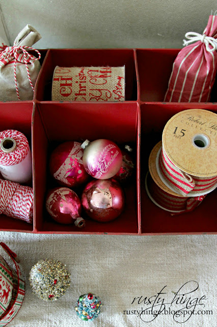 Rusty Hinge 2015 Rustic Meets Refined Christmas Home Tour Christmas vignette in a red metal divider tray