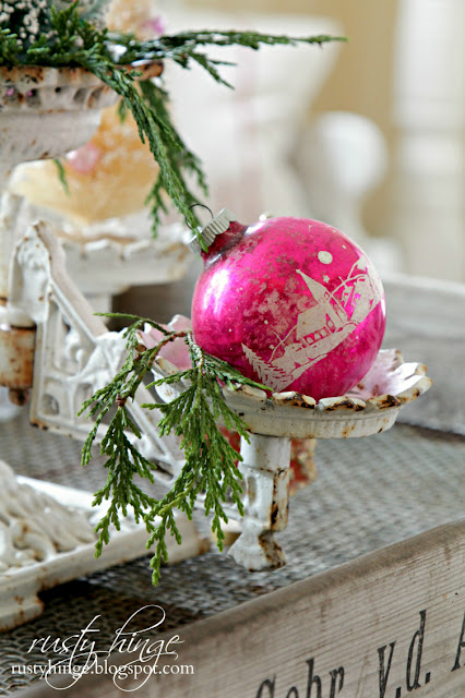 Rusty Hinge 2015 Rustic Meets Refined Christmas Home Tour Vintage Shiny Brite ornament on a Victorian plant stand