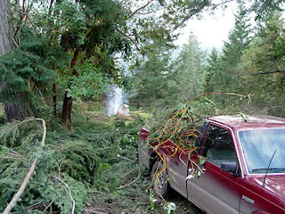 Hauling branches to burn pile, photo by Robin Atkins
