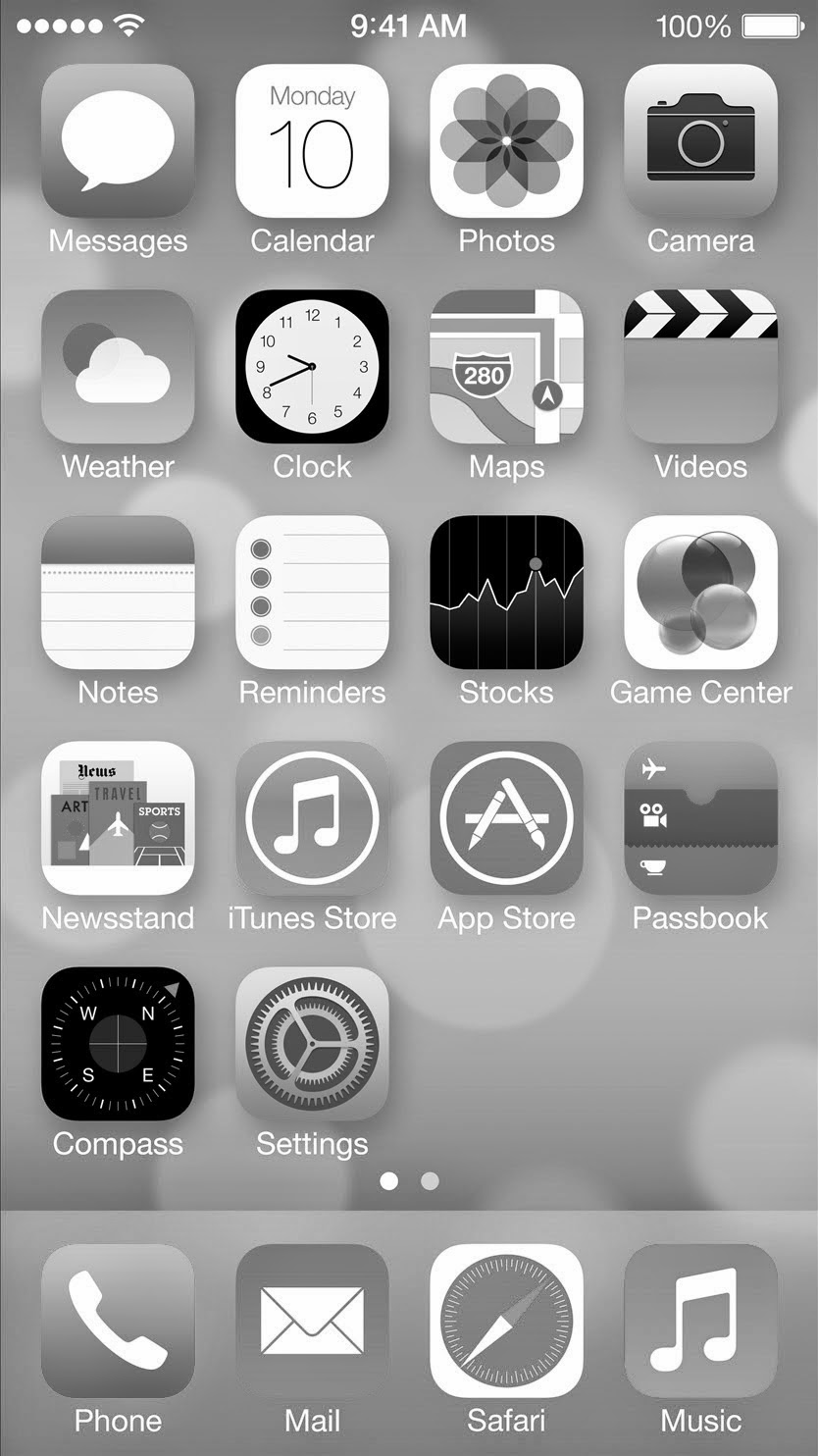 A greyscale iOS homescreen Altered image not an iOS 8 screenshot