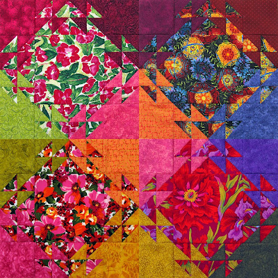 Robin Atkins, shimmer quilt, four completed blocks Robin Atkins, shimmer quilt, four completed blocks