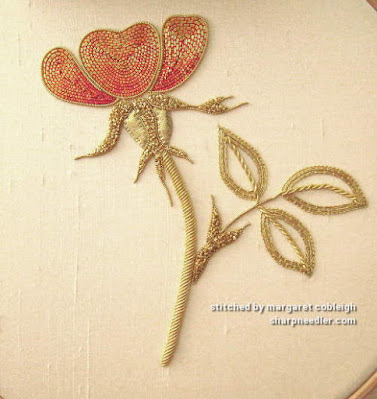 Goldwork Rose Completed goldwork (embroidered) rose from Royal School of Needlework (RSN) class