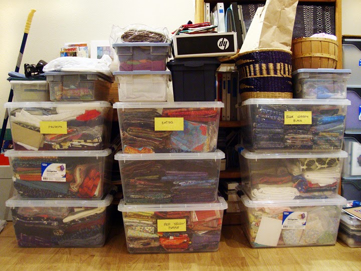 old frabric storage system: Fabrics stored in large tubs and various smaller containers old frabric storage system: Fabrics stored in large tubs and various smaller containers