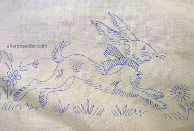 Easter Were-Rabbit Easter rabbit on vintage table runner (to embroider)