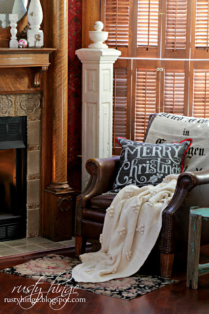 Rusty Hinge 2015 Rustic Meets Refined Christmas Home Tour Cozy leather chair with Merry Christmas pillow