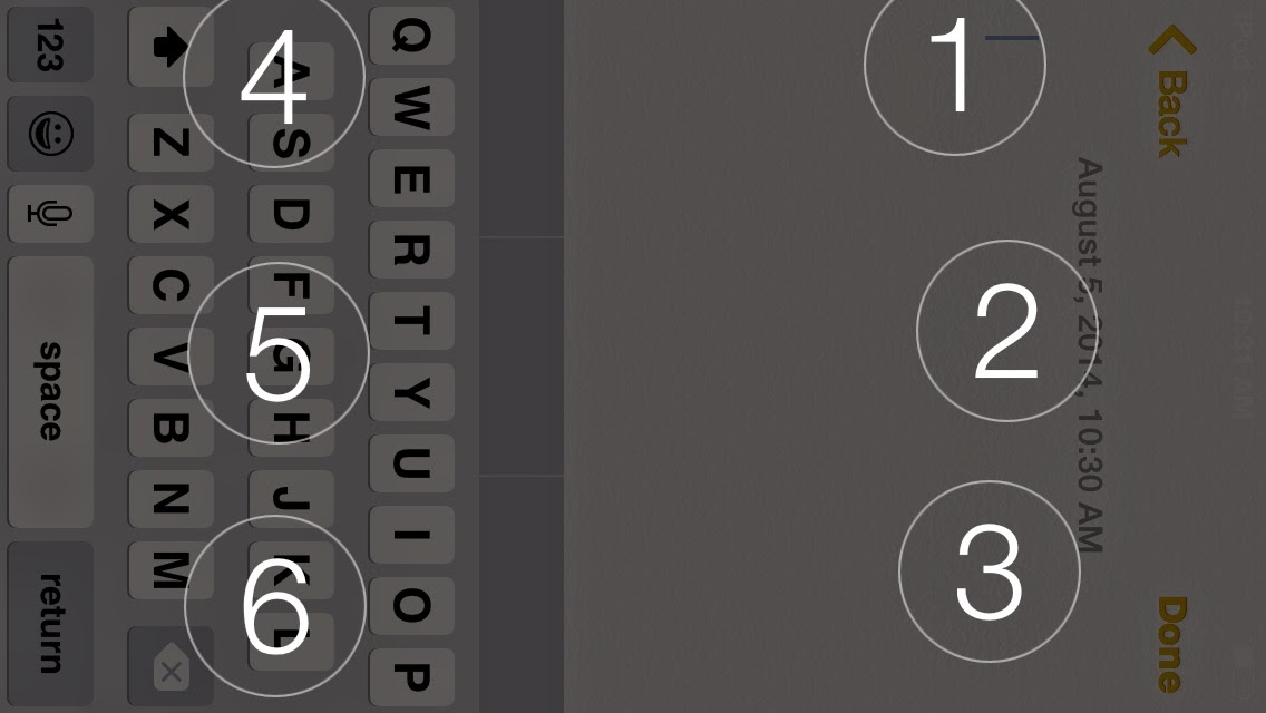 Braille Keyboard being used to enter text into Notes