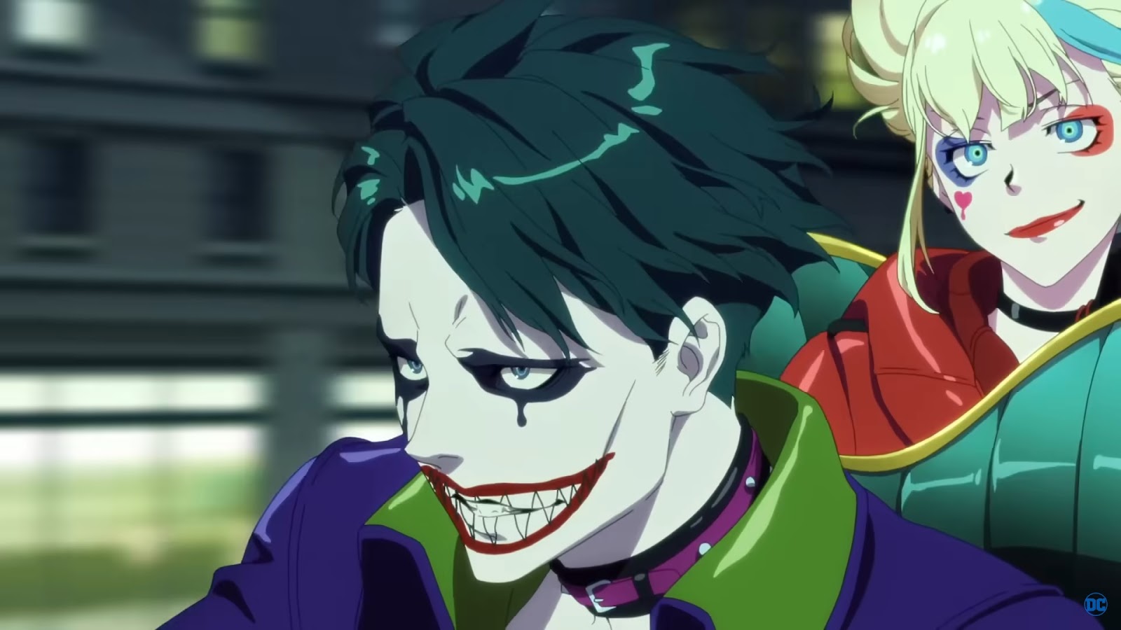 Suicide Squad ISEKAI anime series Harley Quinn and the Joker driving in Gotham