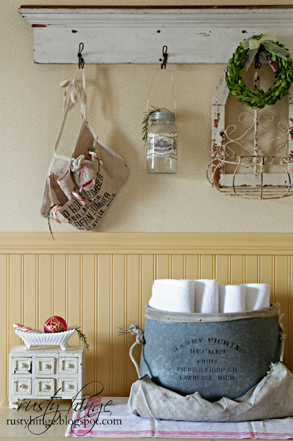 Rusty Hinge 2015 Rustic Meets Refined Christmas Home Tour Vintage apple picking bag towel display