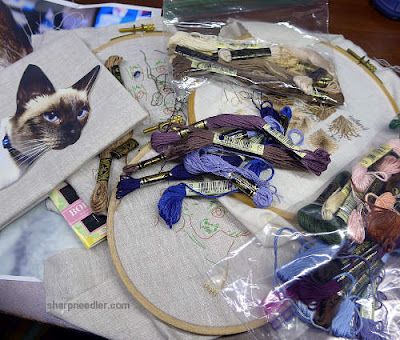 RSN Pet Portrait Class Royal School of Needlework Pet Portrait Class: Threads, fabrics, drawings, samples used in embroidered animal potrait class from Royal School of Needlework