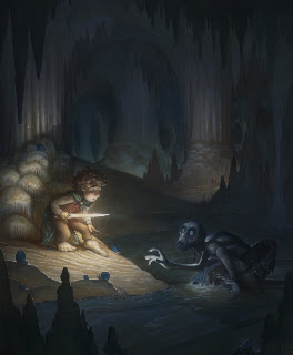 justin gerard illustration the hobbit bilbo gollum riddles in the dark