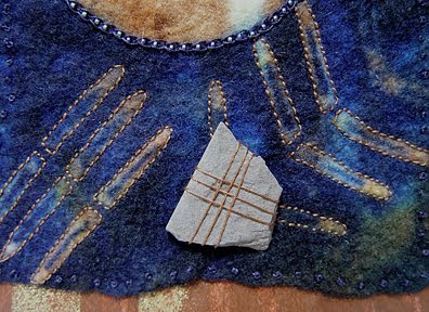 Robin Atkins, visual journaling on resist-dyed felt, back stitch