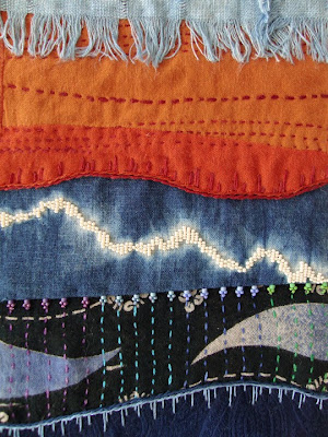 bead embroidery indigo-dyed fabrics by Robin Atkins