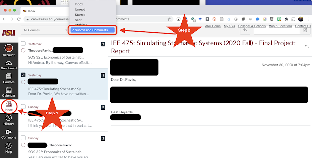Canvas LMS: "Submission Comments" under "Inbox" (drop-down in top left) Shows where to find "Inbox" and "Submission Comments" in Canvas LMS