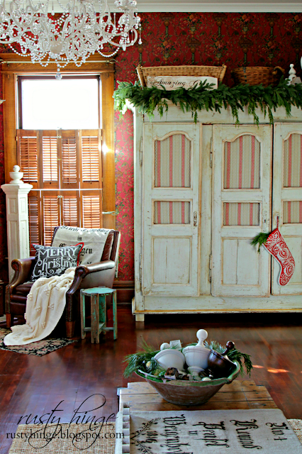 Rusty Hinge 2015 Rustic Meets Refined Christmas Home Tour Rusty Hinge Christmas living room with antique French linen armoire