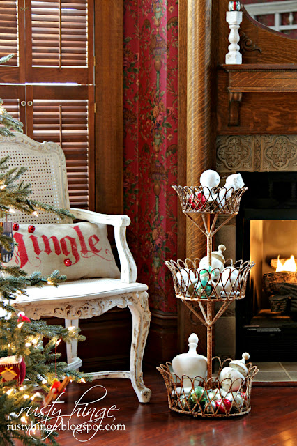 Rusty Hinge 2015 Rustic Meets Refined Christmas Home Tour Tiered stand filled with architectural salvage and Shiny Brite ornaments