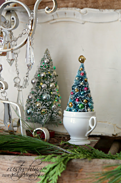 Rusty Hinge 2015 Rustic Meets Refined Christmas Home Tour Vintage bottle brush tree in a French ironstone creamer