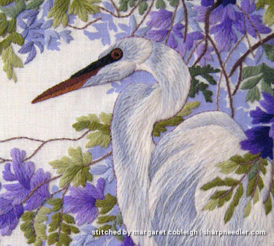 Enchanted April: Detail of Bird's Head Detail of thread painted (or crewel) bird's head from Elsa Williams' 'Enchanted April'