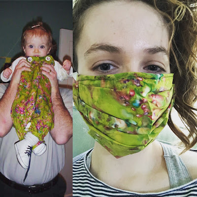 image: Two photos: Left: Iz as a baby wearing overall made from marbled green fabric; right: Iz right now wearing a face mask made out of the very same fabric.