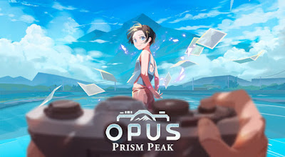 Key image for Opus: Prism peak. A girl stands in front of a mountain, a camera held in the foreground.
