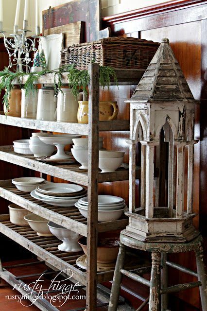 Rusty Hinge 2015 Rustic Meets Refined Christmas Home Tour Factory shoe cart ironstone display and vintage cupola