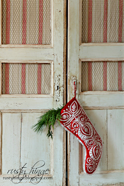 Rusty Hinge 2015 Rustic Meets Refined Christmas Home Tour Antique French linen armoire with red Christmas stocking