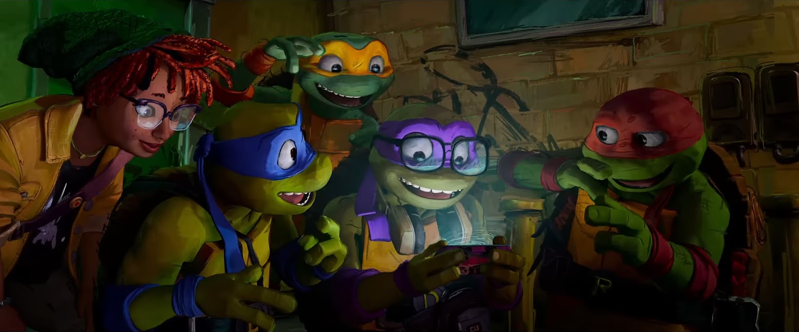 Teenage Mutant Ninja Turtles Mutant Mayhem 2023 animated film Donatello, Michelangelo, Leonardo, Raphael with April O'Neil