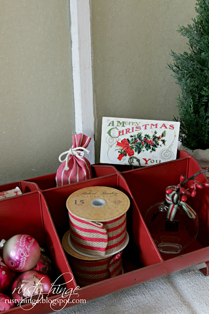 Rusty Hinge 2015 Rustic Meets Refined Christmas Home Tour Red and white Christmas vignette in a divided metal tray