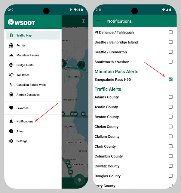 Two WSDOT app screenshots show the steps to enable Snoqualmie Pass notifications: select Notifications from the side menu, then select the checkbox next to Snoqualmie Pass I-90 under Mountain Pass Alerts. Red arrows highlight each selection.