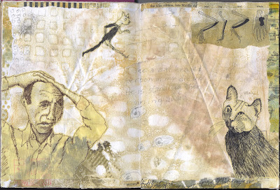 A dream about legs and running. A man on the left looks amazed at a cat on the right. A person with a cat head runs behind them.