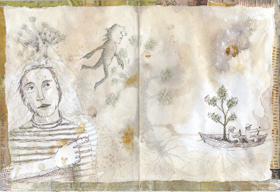 Artistbook page with man pointing at tree growing from a small boat by Judith Hoffman Artist book page by Judith Hoffman showing man pointing at row boat with a tree growing from it.