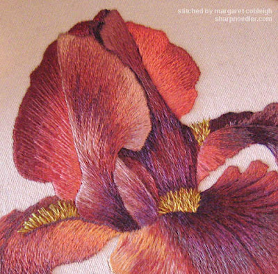 Iris Spartan (design by Trish Burr) Embroidered iris detail (design by Trish Burr)