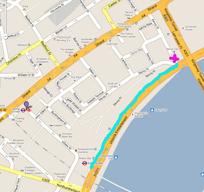 Map showing the gathering point in Savoy Street and the distance we had to traipse through the crowd to get to the front of the march