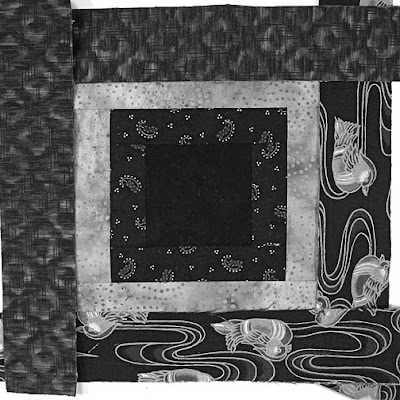 God's Eye quilt by Robin Atkins, auditioning fabrics, grayscale to evaluate value