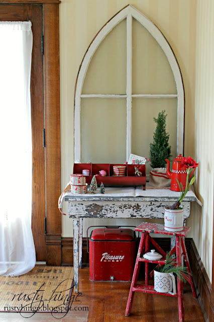 Rusty Hinge 2015 Rustic Meets Refined Christmas Home Tour Vintage church window Christmas vignette