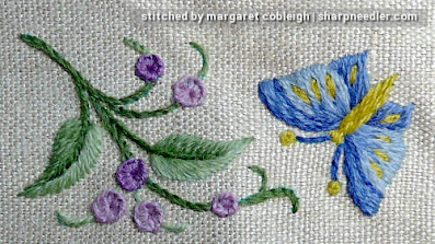 Sampler Motifs Crewel Sampler (by Elsa Williams): Purple flowers and butterfly