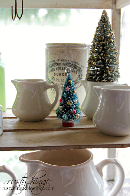 Rusty Hinge 2015 Rustic Meets Refined Christmas Home Tour Vintage bottle brush trees and ironstone creamers