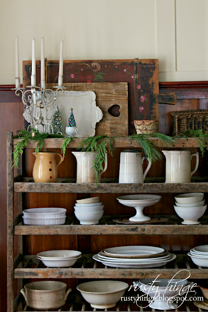 Rusty Hinge 2015 Rustic Meets Refined Christmas Home Tour Vintage factory shoe cart ironstone display