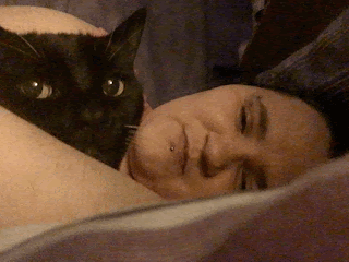 A selfie taken by a brunette thirtysomething white woman, laying on her left side in bed, cuddling a black cat with white whiskers. At the start of the gif the cat has her head turned to the right to look at the camera, and she turns her head to look forwards. As the cat turns her head, the woman smiles slightly. They look very cosy together.