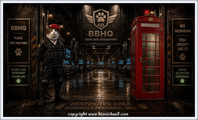 The BBHQ Midweek News Round-Up ©BionicBasil® Basil at the New BBHQ Bunker Door with Astrid the TTTB A tactical‑geared cat wearing a red beret stands confidently inside a futuristic metallic bunker corridor, illuminated by blue computer screens and industrial lighting. Behind him is the new BBHQ bunker door featuring a large winged paw‑print emblem. To the right sits Astrid, the bright red time‑travelling telephone box, glowing against the sleek cyber‑tech surroundings, creating a dramatic sci‑fi scene at BBHQ.
