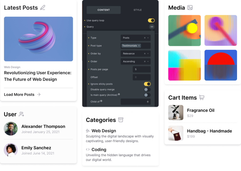 The Query Loop settings panel next to styled query examples such as latest posts, user, media, categories, and a cart items query.
