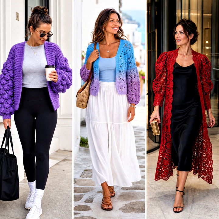 25 Puff Sleeve Crochet Cardigan outfit ideas