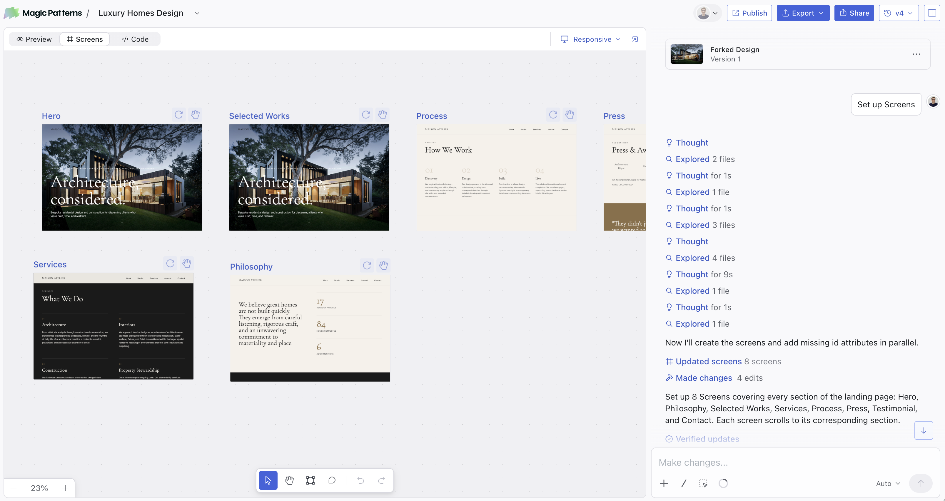 The Screens view in Magic Patterns showing all pages of a design at once