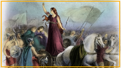 A painting showing a woman raising her arm in a chariot surrounded by people