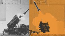 Photo collage illustration of Patriot missiles being launched