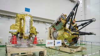 The Propulsion Module (left) and Exploration and Return Modules (right), which together make up Japan’s Martian Moons eXploration (MMX) spacecraft, are seen at the Tanegashima Space Center in Minamitane, Kagoshima prefecture on Aug. 13, 2026.