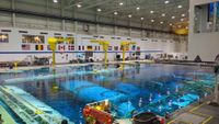 a large swimming pool inside a hangar-like building