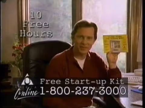 A screenshot of an early AOL commercial advertising the CD and ten free hours of use.